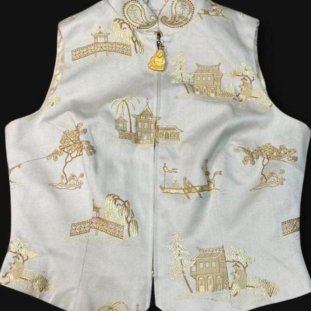 Tapp NY Gold Embroidered Vest Chinese Buddha Formal Evening Womens M